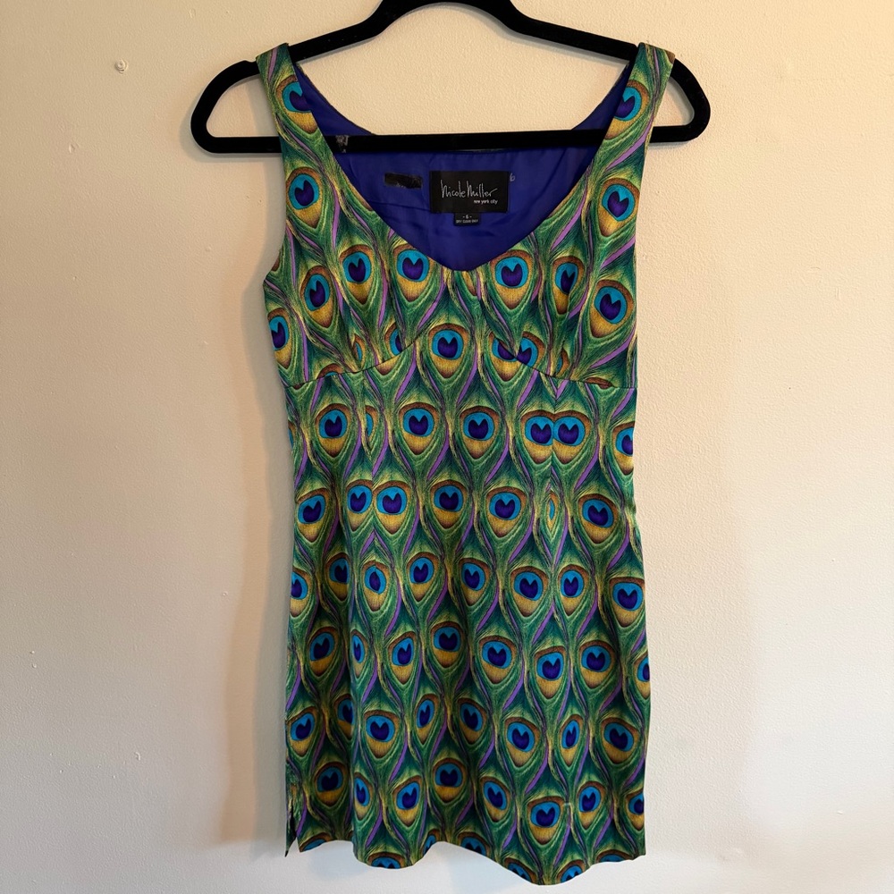 Nicole Miller Green Peacock-Print Sleeveless Mini Dress Silk